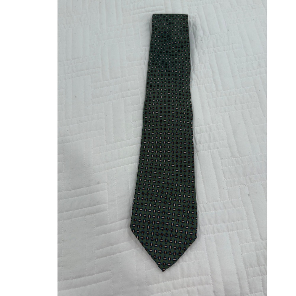 Lands' End Mens Silk Tie Green Geometric Medallion Handsewn USA Long Necktie